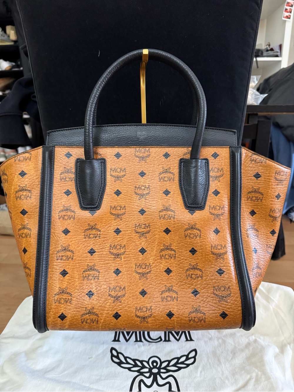 MCM Cognac Visetos Tote with Black Leather Trim